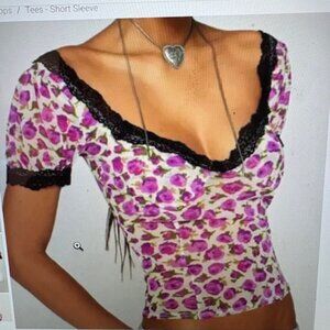 Kimchi Blue V Neck Mesh T- Shirt W/ Black Lace, Sz L, NWOT